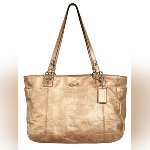 Coach Gold Signature Embossed Leather East West Gallery Tote